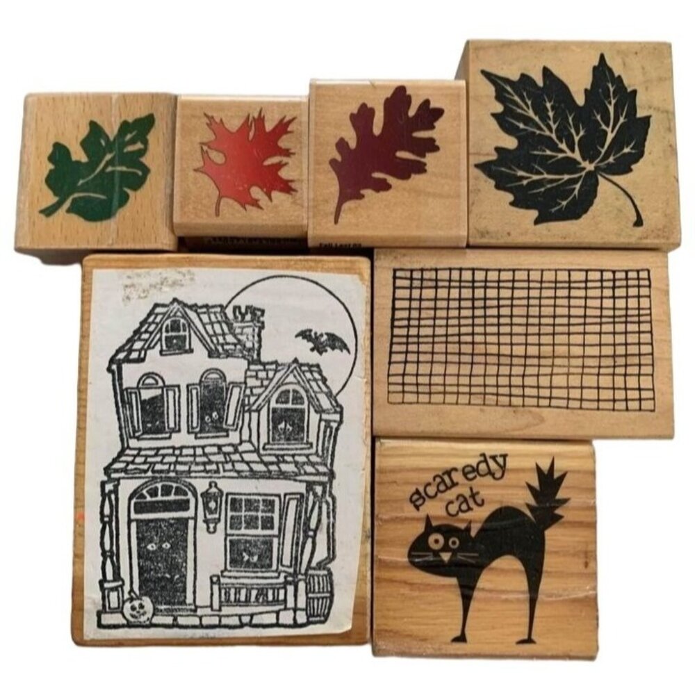 Rubber Stamp Lot Fall & Halloween Stamps House Grid Scaredy Cat Leaves